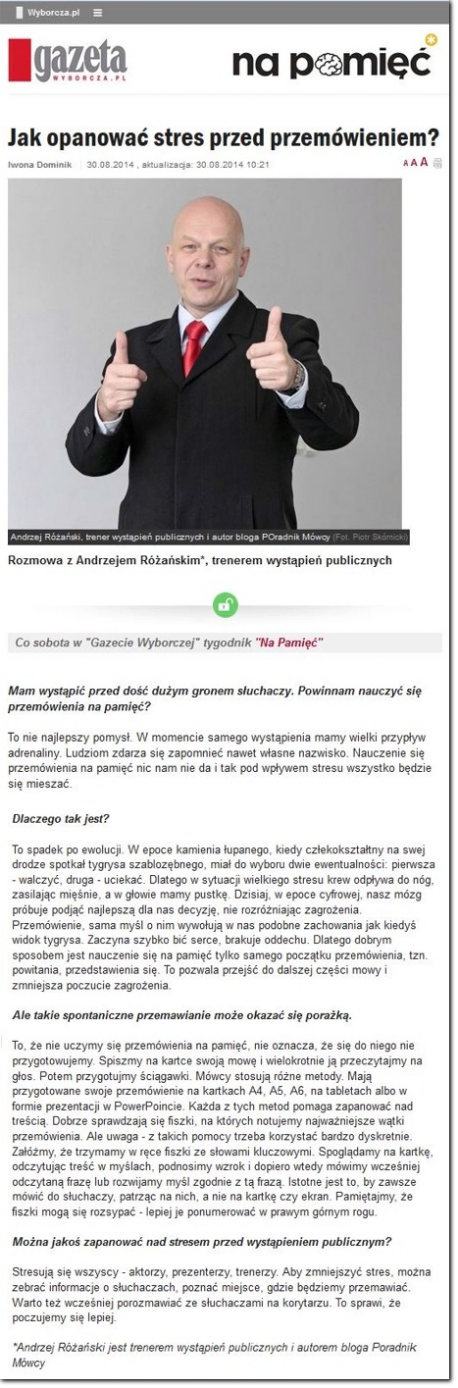 Wywiad Andrzeja Różańskiego dla Gazety Wyborczej "Jak opanować stres przed przemówieniem"