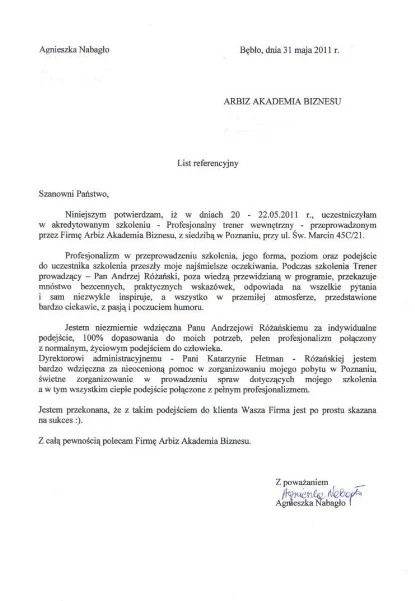 Referencje od Agnieszka Nabagło dla Andrzeja Rózańskiego Trenera Wystąpień Publicznych Akademii Przemawiania ARBIZ