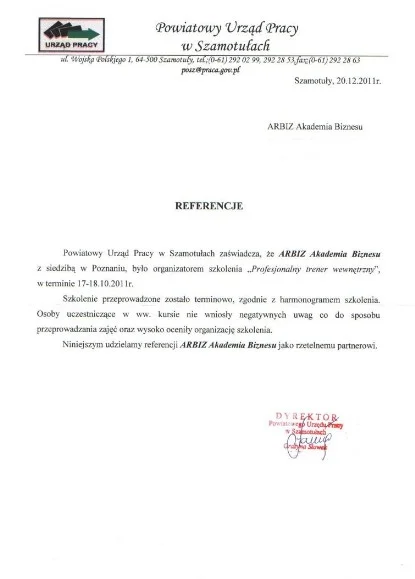 Referencje od PUP Szamotuły dla Andrzeja Rózańskiego Trenera Wystąpień Publicznych Akademii Przemawiania ARBIZ