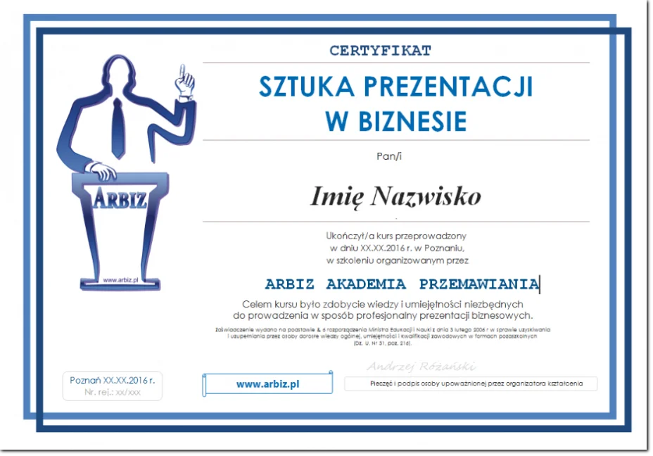 Certyfikat szkolenia "Sztuka prezentacji w biznesie" Certyfkat Sztuka prezentacji